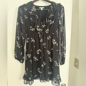 Bar III Black Floral Ruffle V-Neck Long Sleeve Dress